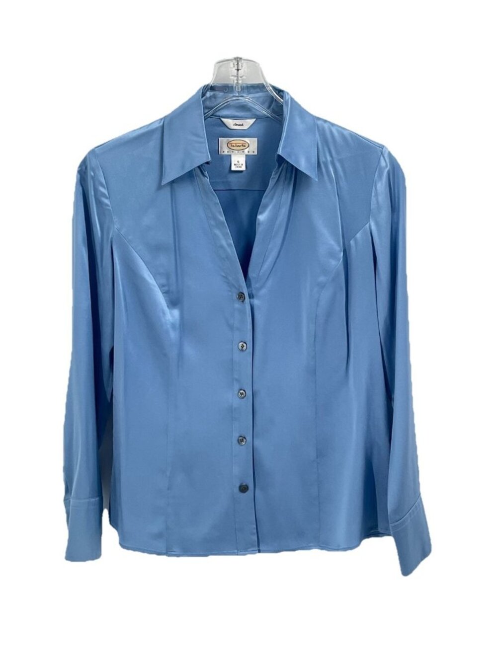 Talbots Blue 100% Silk Satin Button Down Blouse Shirt 6P Quiet Luxury Old Money